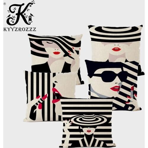 Fashionable Beauty Cushion Cover Black and White Stripe Lipstick Decoration Sofa Home Decoration Pillow Case Funda Cojin 45 * 45