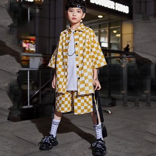 ChildrenS Hip-Hop Suit Boy Plaid Short-Sleeved Jazz Dance Costume For Kids Handsome Street Dancing Performance Clothes DWY3566