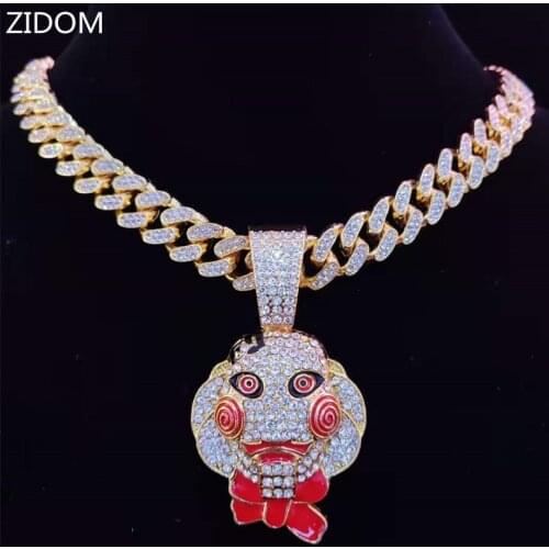 Men Women Hip Hop Movie Saw Mask Pendant Necklace with 13mm Miami Cuban Chain Iced Out Bling HipHop Necklaces Fashion Jewelry