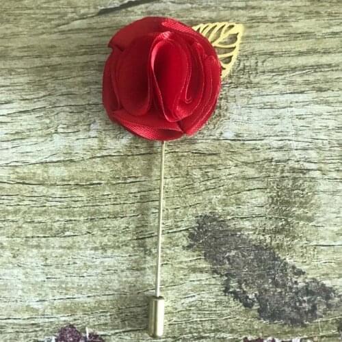 Best Man Groom Boutonniere Gold leaf Pin Silk Satin Rose Flower men buttonhole Wedding Party Prom Man Suit Corsage Pin Brooch