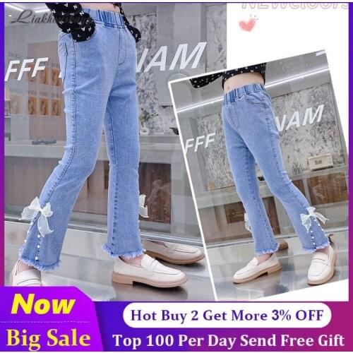 110-160cm Fashion Teenage Girls Jeans 2021 Spring Casual Loose Blue Bow Kids Leg Pearl Wide Pants School Children Trousers