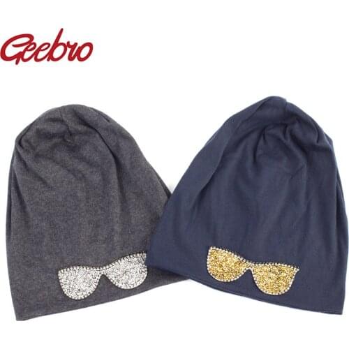Geebro Women Rhinestone Glasses Partten Beanie Hat Fashion Sunglasses Slouchy Beanies Girl Knitted Plain Hats