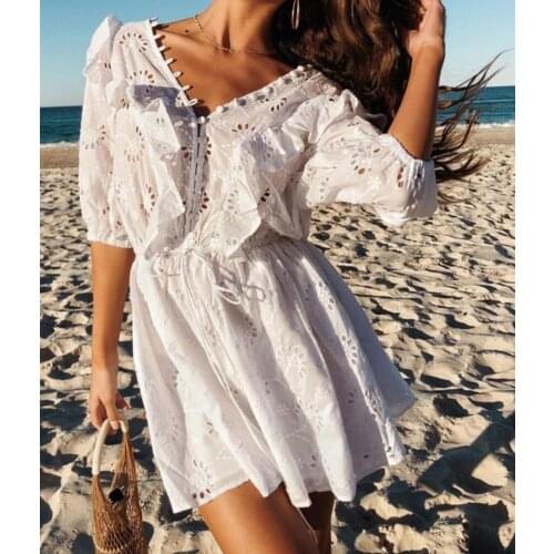 Happie Queens women white lace beach Bohemian mini dress Ladies v-neck wrist cotton Boho dress vestidos