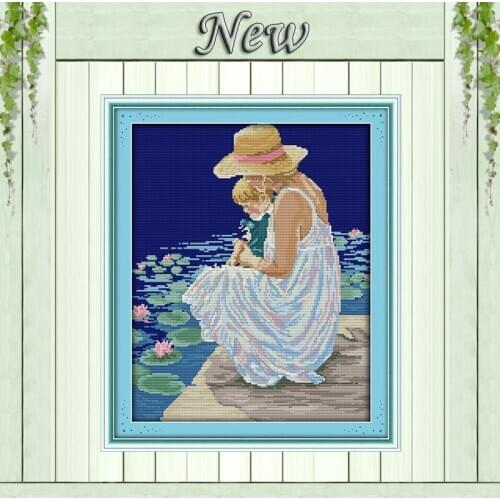 Mother and son watching fish painting counted print on canvas DMC 14CT 11CT chinese Cross Stitch Needlework Sets Embroidery kits