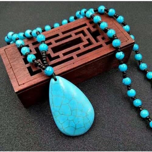 Bohemian retro ethnic style natural turquoise drop pendant pendant clothes accessories necklace sweater chain women