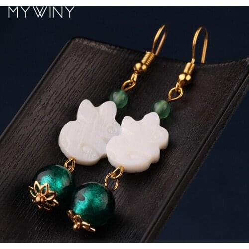 MYWINY ethnic pink white shell rabbit drop dangle earrings for women, green Manual coloured glaze beads vintage earrings
