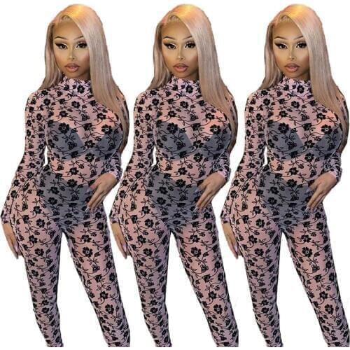 2020 Newest Floral Print Sheer Mesh Long Sleeve Overalls Transparent Hot Sexy Women Jumpsuits Party Night Club One Piece Outfit