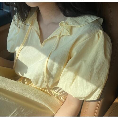 New Summer Girls Dress Women Cotton Casual short Sleeve Dresses Female Dress Vintage Solid yellow dress Boho Robe Femme Vestido