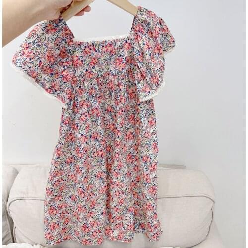 Presale 4.25 summer kids clothes Girls pink flower print big flying sleeve dress pastoral style loose and comfortable dress