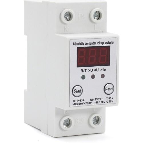 63A 230V Din Rail Adjustable Over Voltage and Under Voltage Protective Device Protector Relay with Over Current Protection
