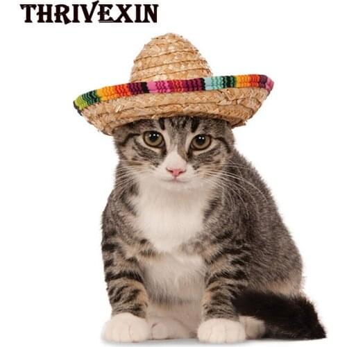 Straw Dog Cat Sombrero Mexican Hat Pet Adjustable Buckle Straw Sombrero Cat Sun Hat for Halloween Christmas Holiday Festival