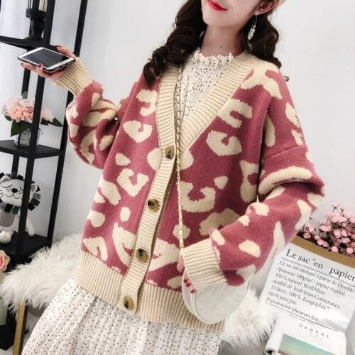 Sweater Knitted Leopard v neck Cardigan Padded Jacket Women 2020 Autumn Winter New Korean Version Loose Net Red Lazy Outer Wear