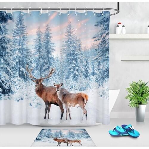 Winter Woods Deer Pattern Shower Curtain Bath Rug Floor Mat Bathroom Accessories Bathtub Curtains with 12 pcs Hooks