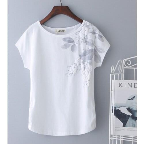 2021 Summer Women T-Shirt 95% Cotton Loose Flowers Short-Sleeve T-Shirt Female White Green Printing T-shirt Basic Large Size 4XL