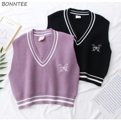 Vests Women Knitted Harajuku Fashion Embroidery Daily Sleeveless Patchwork Retro V-neck All-match Teens Korean Style Vintage Ins