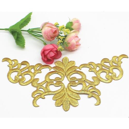 5 Pcs/Lot Iron On Patches Gold Embroidered Appliques Cosplay Lace Diy Embroidery Flower Trims 22.5*10.5cm