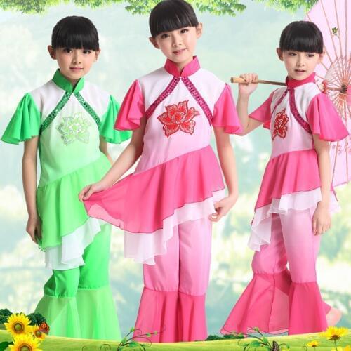 Girl Yangko Dance Costumes 2 Pcs Kids National Dance Clothing Chinese Folk Dance Costumes Green/red Children Fan Dance Wear 18