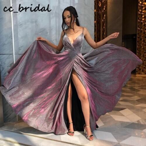 2021 High Split Prom Dresses Long Sexy V-neck Backless Evening Party Gowns For Women With Pocket Vestidos largos de fiesta