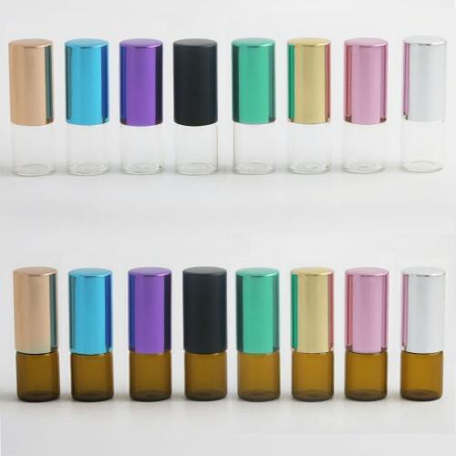 24 x 2ml Clear Glass/Amber Essential Oil Roller Bottles with Glass Roller Balls Perfumes Lip Balms Roll On Bottles Colorful Cap