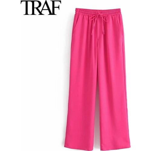 Traf Za Women Clothing 2021 Spring Autumn Chic Office Pants High Waist Wide Leg Exercise Pants Korean Style Streetwear Trousers