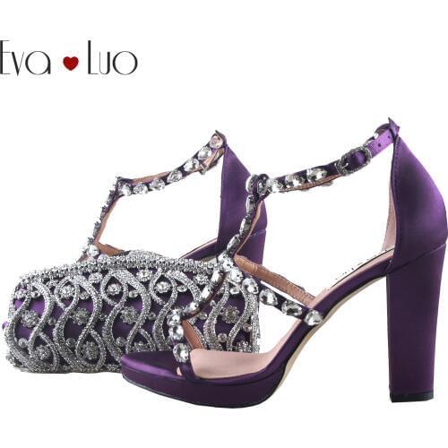 BS1060 Custom Handmade Purple Shoes With Matching Bag Set Strappy Dress Sandal Block Hee high Heel Women Wedding Shoes