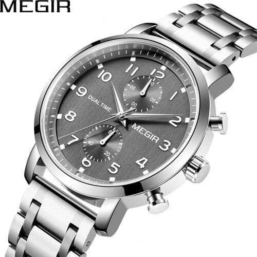 MEGIR Original Stainless Steel Quartz WristWatch for Man Gray Dial Waterproof Chronograph Business Male Clock Relogio Masculino