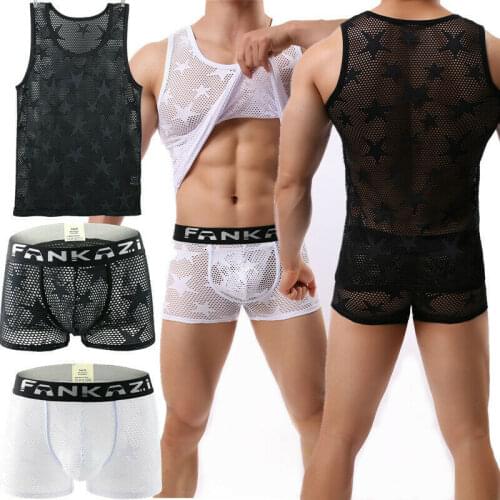 Men Clothes Set Sexy Mens Undershirts Mesh See Through Tank Tops Hollow Out Underwear Slim Fitness Tops Boxer Shorts Underpants