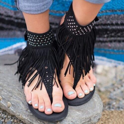 GAOKE Summer Women Bohemian Sandals Flats Tassels Casual Summer Shoes Woman Flip Flop Slipper Beach Sandals Zapatos Mujer