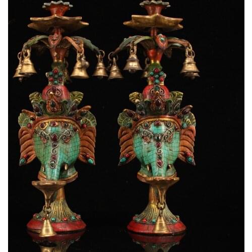 16"Nepal temple collection Old Bronze outline in gold Painted mosaic Gem Elephant Trunk Statue Wax table A pair Town House