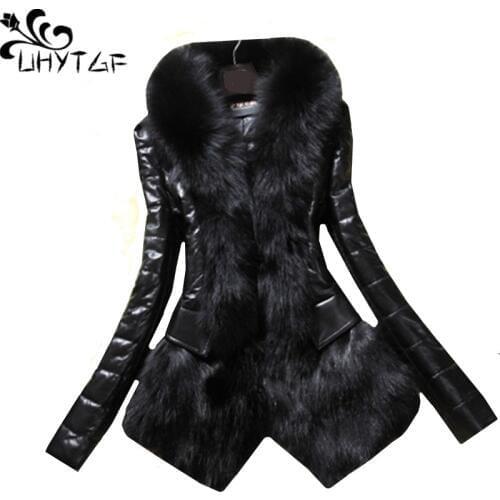 UHYTGF XS-3XL Plus size jacket Women luxury PU Leather splice Faux fox fu collar Winter Fur outerwear Korean Slim Lady Coat 1138