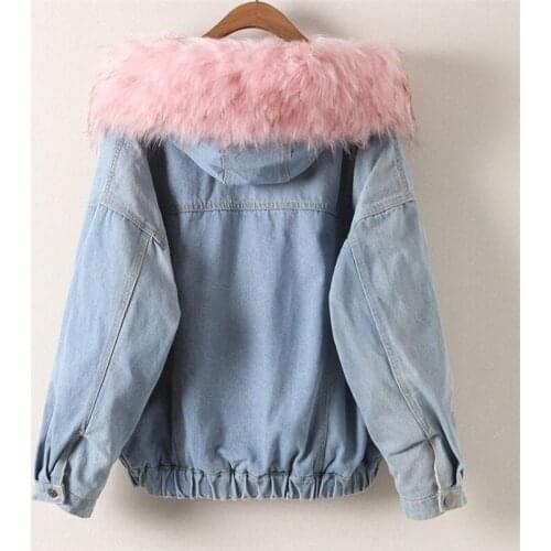 Fashion Women Winter Fur Lining Thick Warm Denim Jacket Hairy Fur Collar Hoody Hip Hop Casual Loose Fit Jeans Coat Cargo Jacket