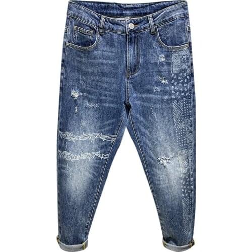 Ripped Jeans Men Blue Stretch Capris Pants Trendy Printed Patterns Destroyed Hip Hop Mens Cropped Trousers Baggy Jeans Harem