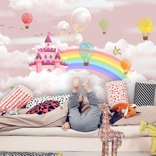 Custom 3D Wall Mural Cartoon Sky Castle Hot Air Balloon Photo Wall Mural Childrens Room Background Wall Decor Papel De Parede
