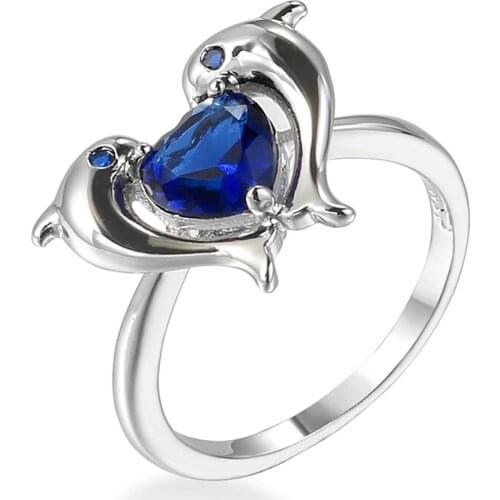 2020 New Cute Dolphin Rings For Women Girls Birthday Gift Inlaid With blue heart-shaped Cubic Zirconia Charm Jewelry Ring