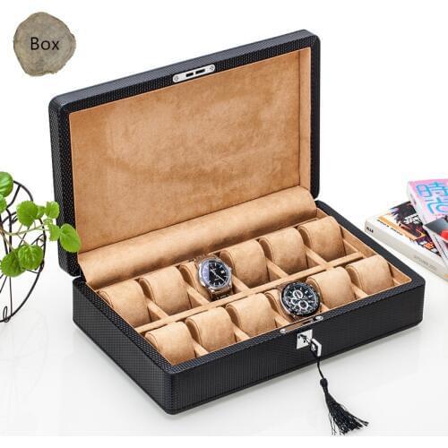 12 Slots Carbon Fiber Leather Watch Organizer New Black Watch Storage Box With Lock Watch Display Gift Holder