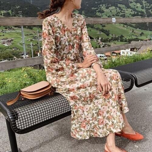 Women Spring Long Sleeve Sexy V Neck Elegant Long Floral Dresses A-line Elastic High Waist Pullover Dresses Slim Fit