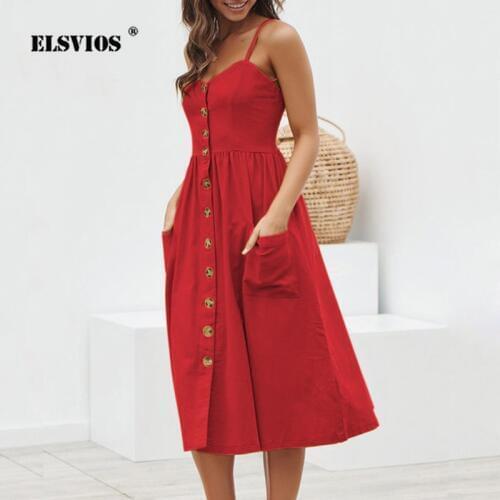 ELSVIOS Women Sexy Backless Printed Beach Summer Dress Ladies V-neck Buttons Spaghetti Strap Dresses Casual Pockets Midi Dress