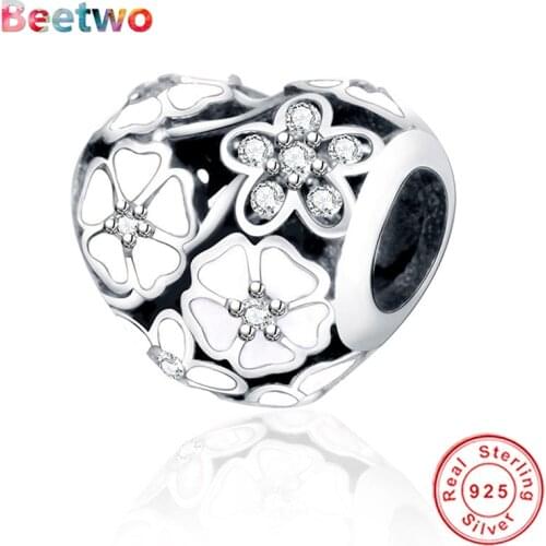 Fit Original Pandora Bracelet 925 Silver Charms Heart-shaped zircon composed of flowers Charm Beads For Jewellery Berloque