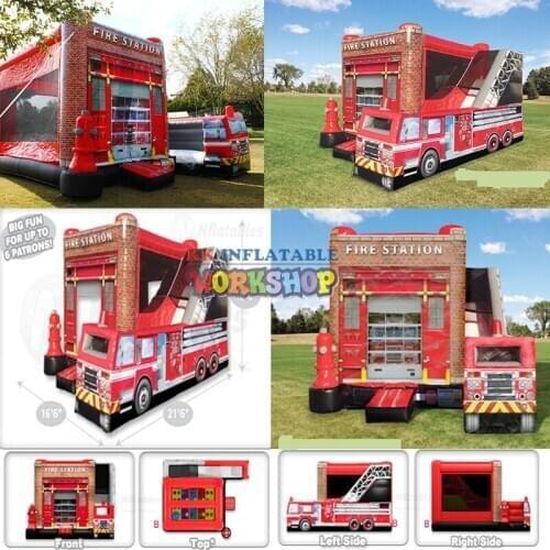 Popular inflatable big firetruck slide,inflatable fire bus slide combo for party
