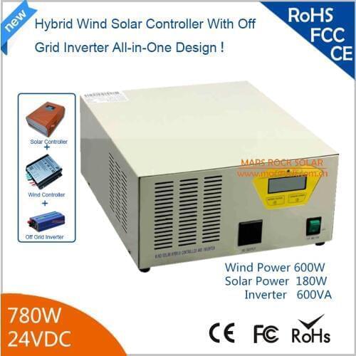 780w 24V Hybird Wind Solar Controller Inverter 600W Wind + 180w Solar with Pure Sine Wave Inverter 90% Efficiency