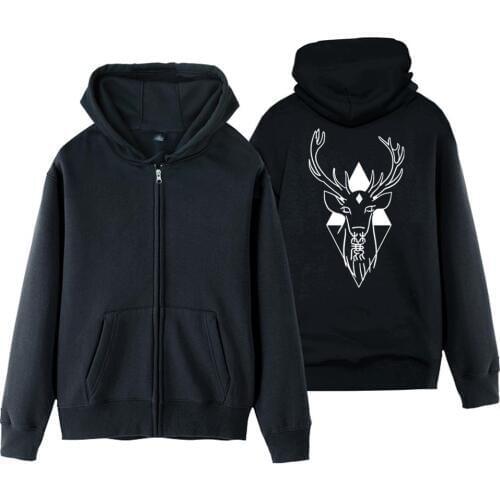 Buck Deer Horns Antlers Chinese Calligraphy Geometric Triangle Diamond Man Boy Coat Full Zip Hoodie Fleece Hooded Jacket ZIIART