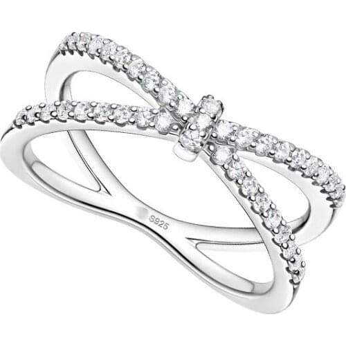 SOELLE Fashion Simple Real 925 Sterling Silver Crossed Bow-knot Finger Ring Micro Zircon Women Wedding Fine Party Brand Jewelry