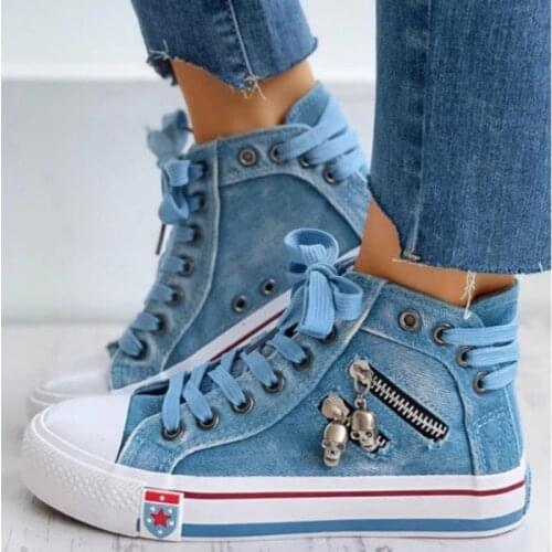 The Spring Women Canvas Chic High Top Denim Leisure Footwear Womens All-match Flat Zipper Walk In Ladies Breathable flat shoes