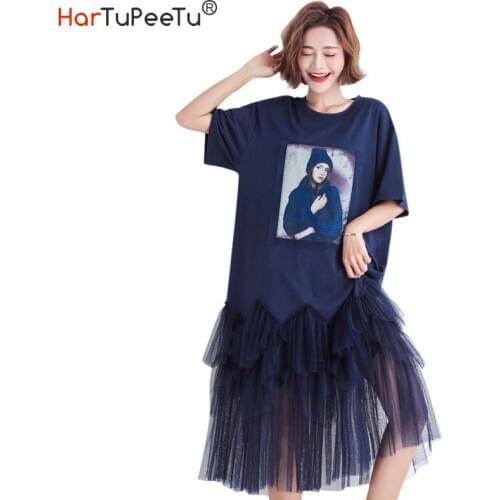 Women T Shirt Dress Oversize Korean Style Summer 2021 Patchwork Layered Mesh Irregular Hem Dark Blue Girl Print Vestido Mujer