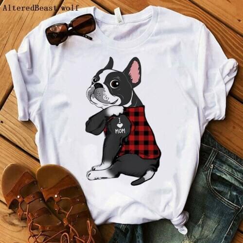 2021 Boston Terrier Mom Tshirt Women Harajuku I Love Mom Plaid Print T-shirt Summer O-neck Short Sleeve Clothes T Shirt Female