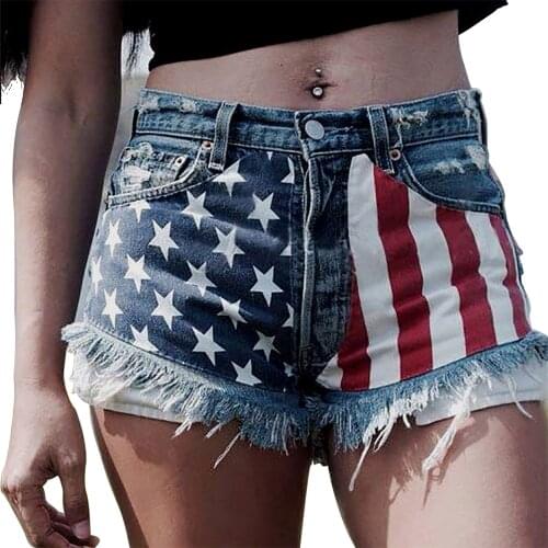 Woman Plus Size American Flag Fringed Star Print Denim Shorts 2021 Femael Summer Zipper Oversize Slim Vintage Short Jeans S-XXL
