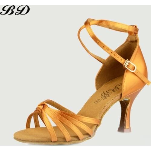TOP Latin Dance shoes Women Cowhid Soft Sole National Standard Rumba Cha Cha Dance Heel Cover Bag GIFT BD 210 Authentic Durable