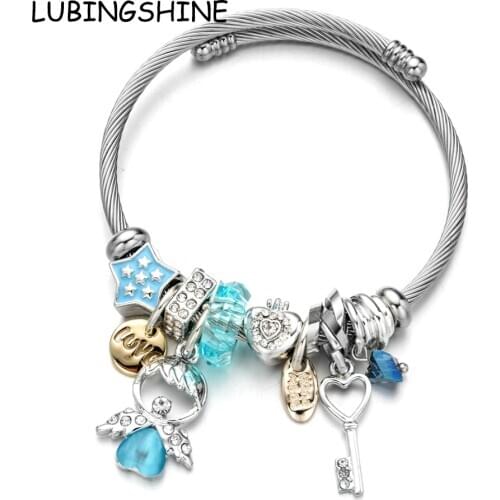 Angel Key Charms Bracelets for Women Girl Heart Crystal Bead Stainless Steel Adjustable Open Cuff Wire Cable Bangles DIY Jewelry