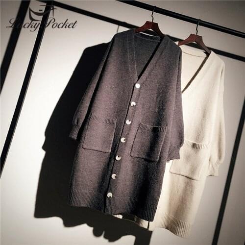 Women Spring New Fashion Loose Long Solid Color V-Neck Cardigan Coat Female gray Casual Long Sleeve Knitted sweater Coat QL206