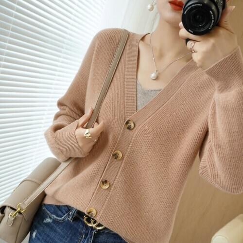 LHZSYY V-Neck Cashmere Cardigan Womens 2020 Autumn Winter New Pure Wool Thick Wild Plus Size Outer Sweater Short Knitted Jacket
